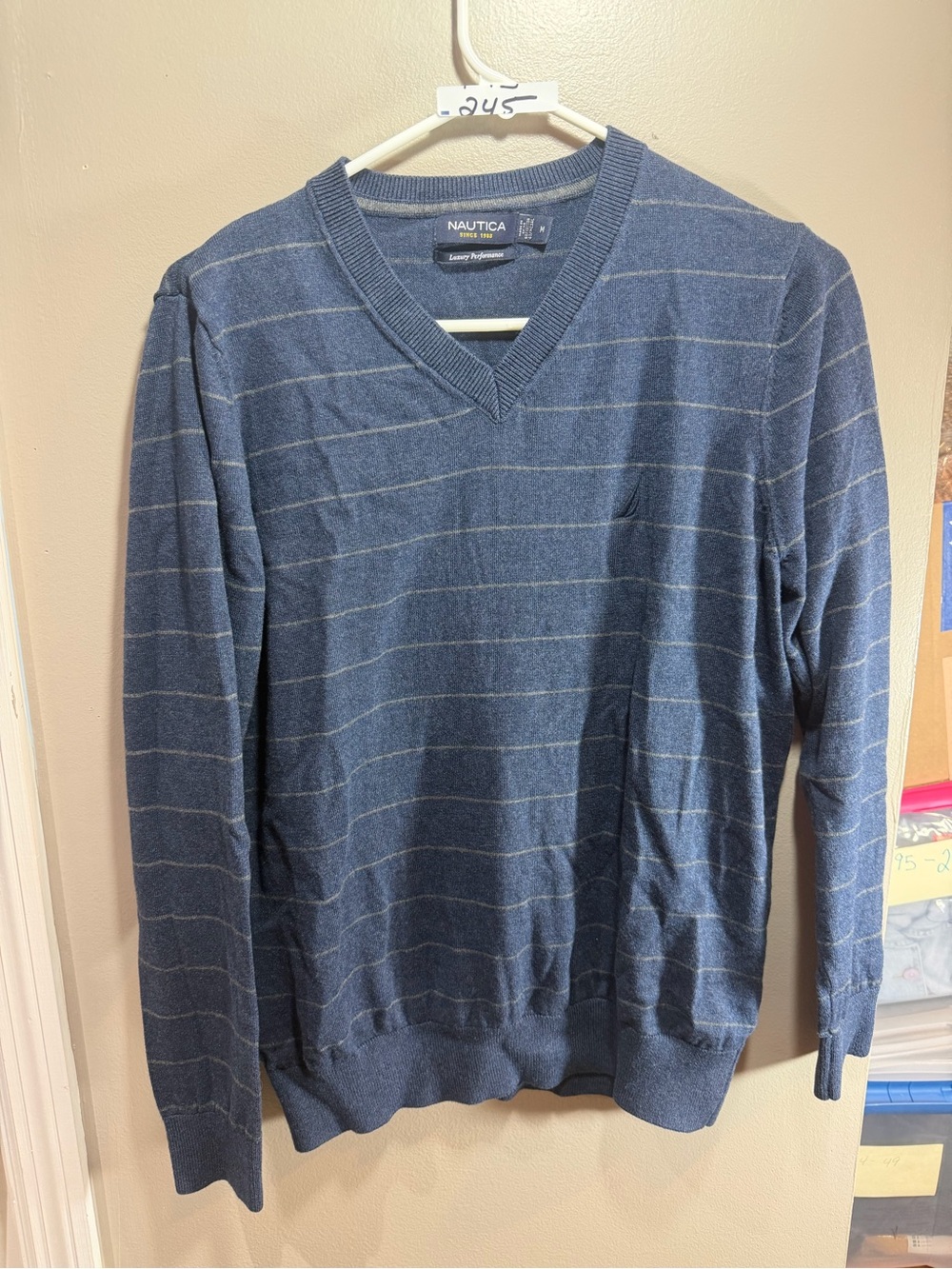 Nautica Men's Navy Blue V-Neck Lightweight Stripe Sweater